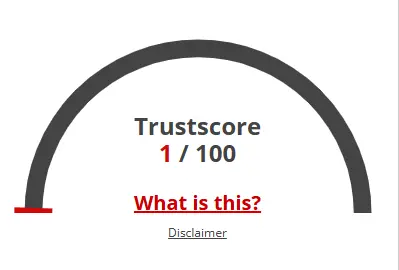 Trust score meter showing 1 out of 100 in red warning zone