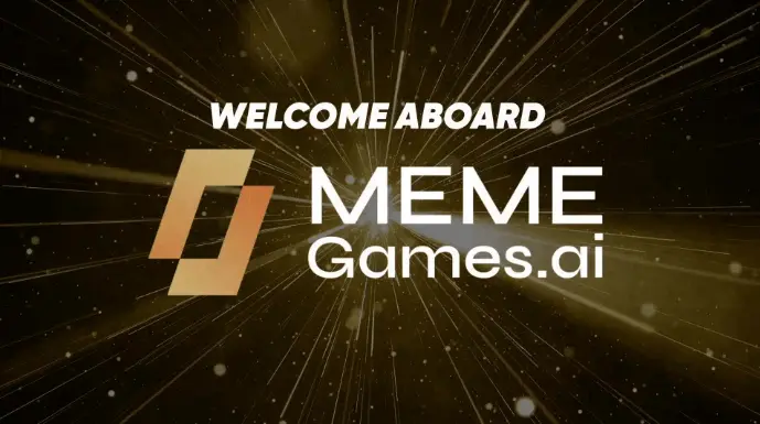 Welcome aboard MemeGames.ai logo with golden digital background