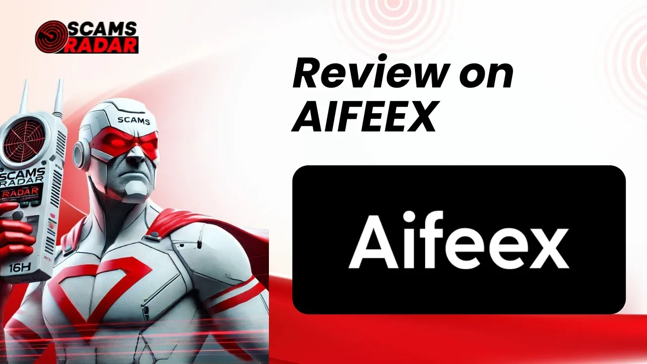 ScamsRadar review on Aifeex with futuristic scam-detecting superhero.