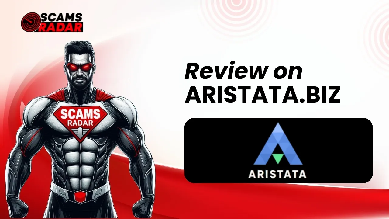 ScamsRadar review on Aristata.biz featuring a superhero-themed character and Aristata logo.