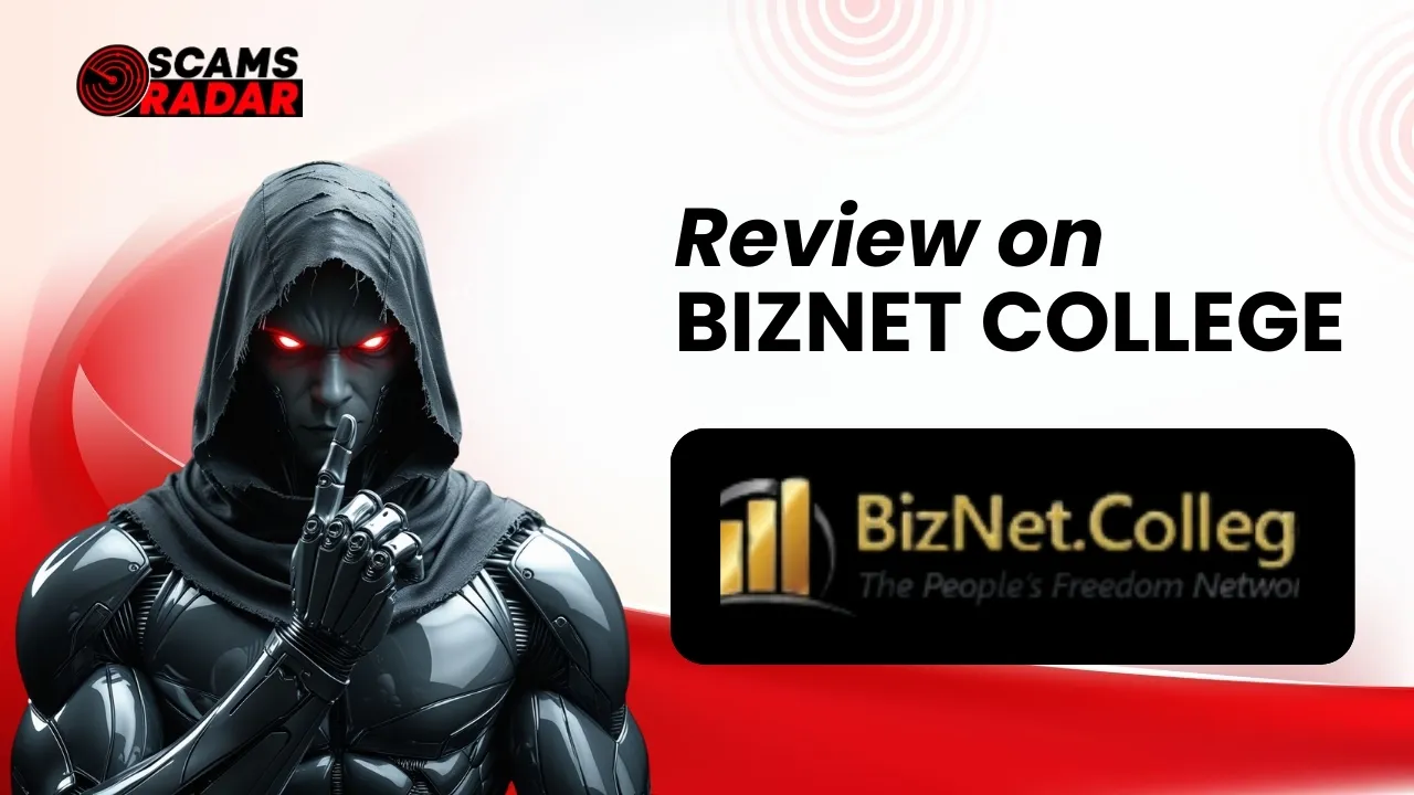 Scams Radar review on BizNet College with a futuristic robotic figure and college logo.