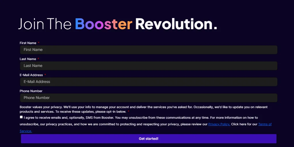 Join the Booster Revolution by signing up with your details. Get started now!