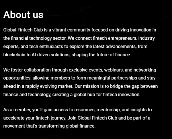 About Global Fintech Club section describing its role in financial technology and innovation