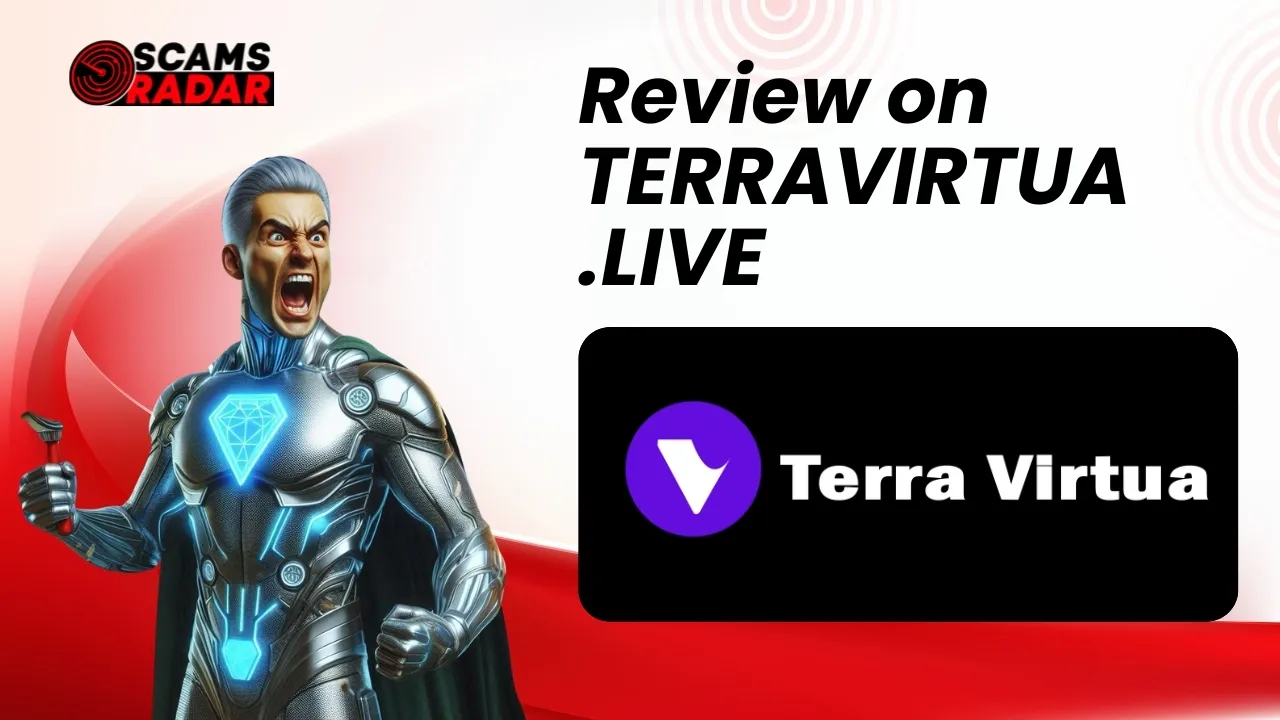 Review on Terra Virtua (TERRAVIRTUA.LIVE) with ScamsRadar branding and a futuristic superhero image.