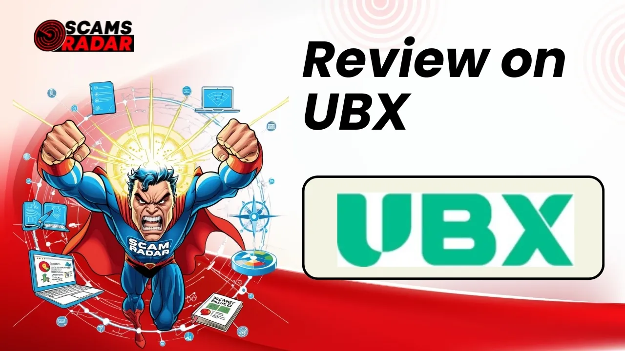A ScamsRadar superhero investigating UBX with a background of digital fraud detection elements.