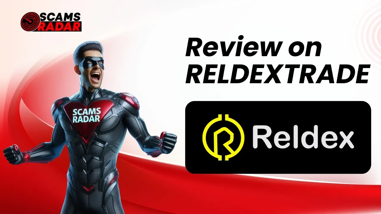 Scams Radar review on ReldexTrade featuring a superhero mascot with a bold design.