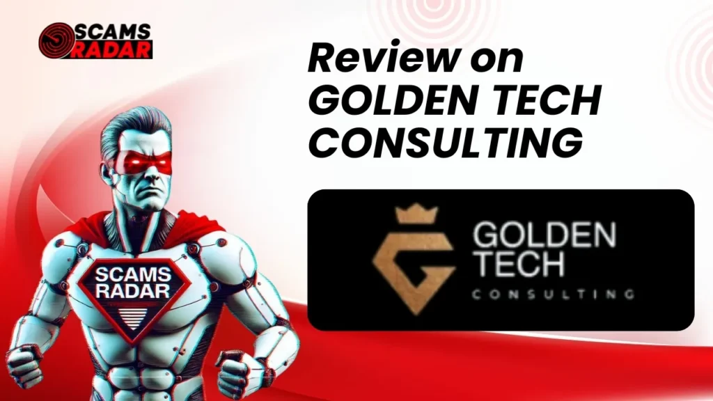Scams Radar review on Golden Tech Consulting with cyber superhero theme