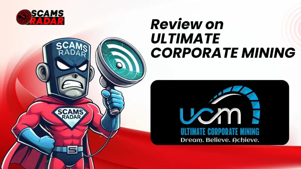 Scams Radar review on Ultimate Corporate Mining, featuring a superhero mascot with a magnifying glass and company logo.