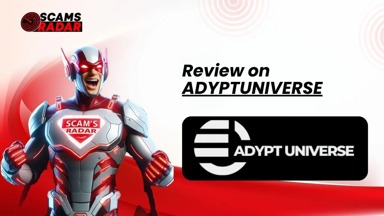 ScamsRadar review on AdyptUniverse featuring a futuristic superhero theme with bold branding.