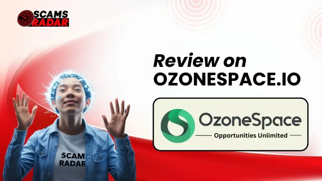 "ScamsRadar review on OzoneSpace.io, featuring a futuristic-themed person with a glowing effect and OzoneSpace logo.