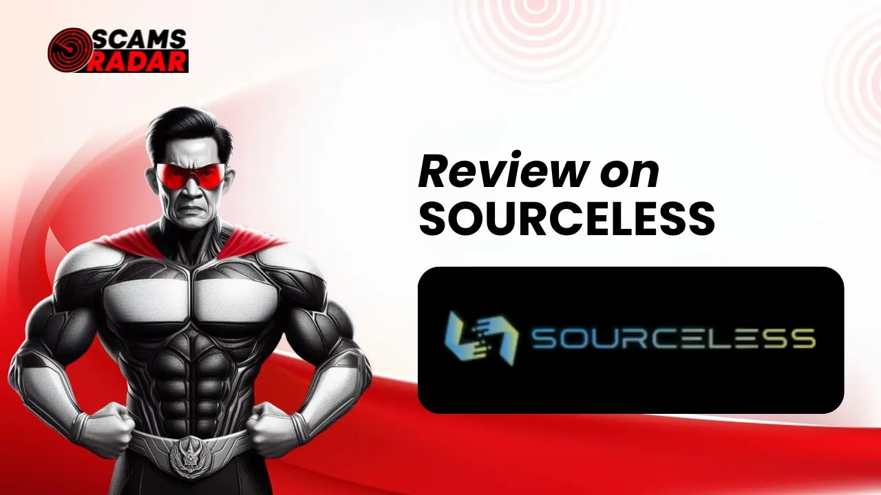 ScamsRadar review on Sourceless - A muscular superhero with red glasses and the Sourceless logo.