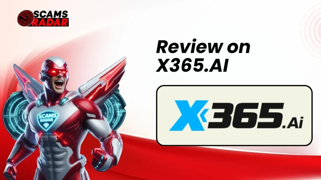 Scams Radar review on X365.AI with a futuristic superhero theme and red, white, and black color scheme.