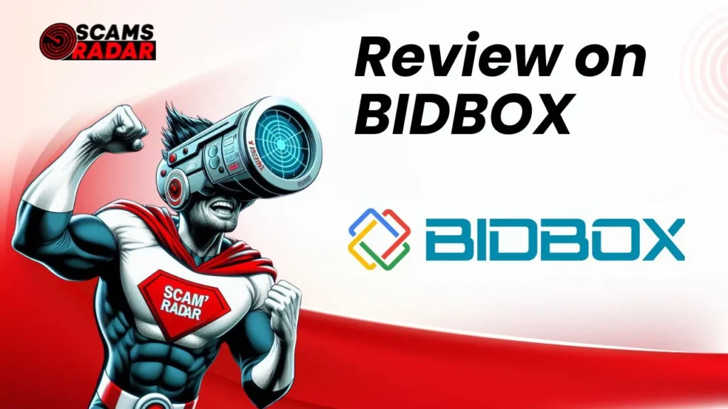 ScamsRadar review on BIDBOX, featuring a superhero with a futuristic scanner helmet analyzing scams.