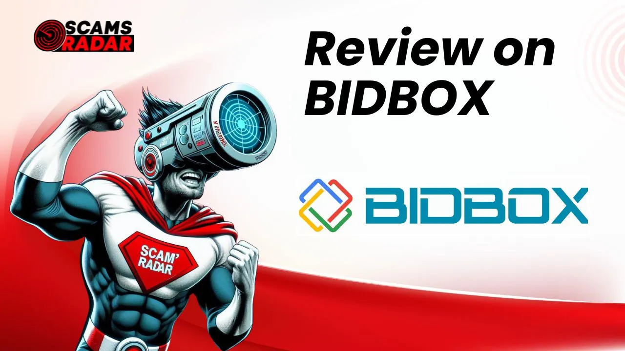 ScamsRadar review on BIDBOX, featuring a superhero with a futuristic scanner helmet analyzing scams.