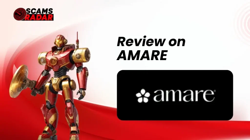 Amare Global Review - Scams Radar featuring a red and gold robot with Amare logo