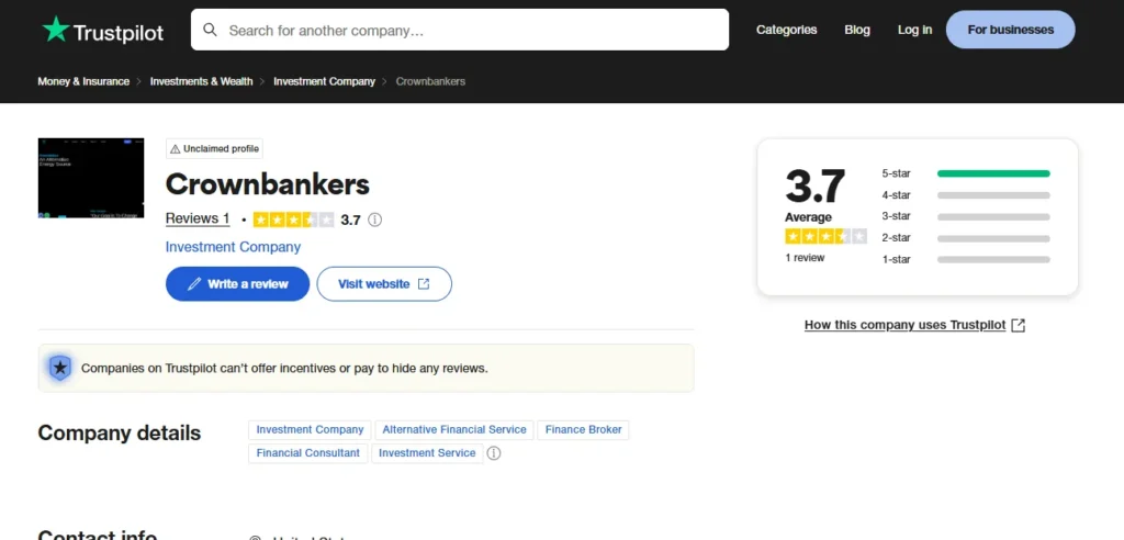 Trustpilot rating page for Crown Bankers showing 3.7 stars from one review