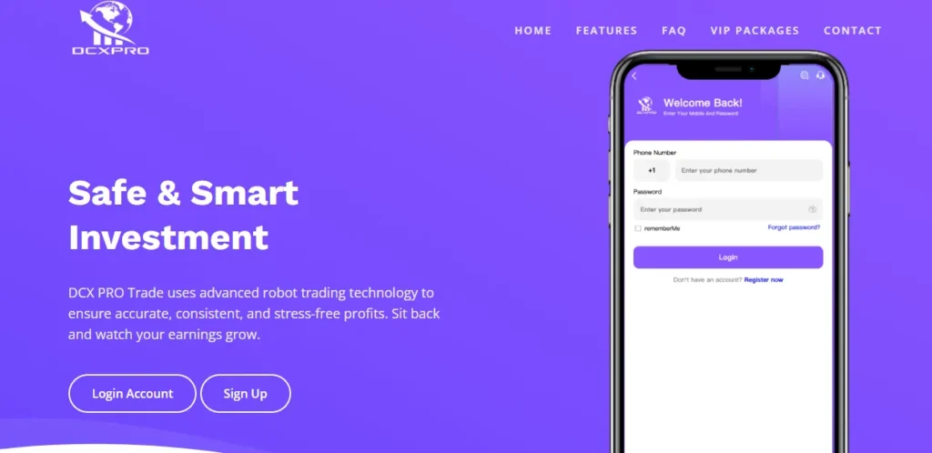 DCX Pro homepage with login form and bold investment claims about smart trading