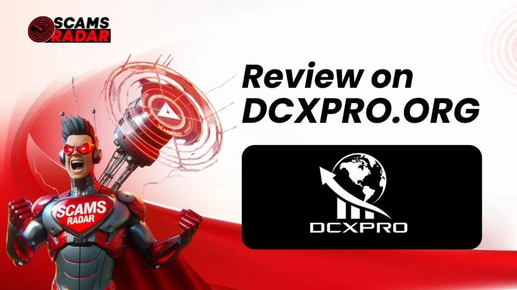 DCX Pro Review banner by Scams Radar showing scam warning superhero and DCXPRO logo