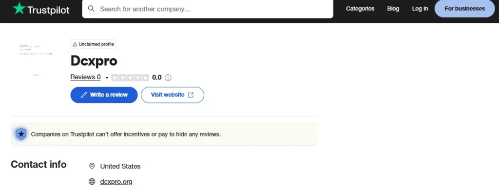 DCX Pro Trustpilot page showing no reviews, unclaimed business profile, and contact info
