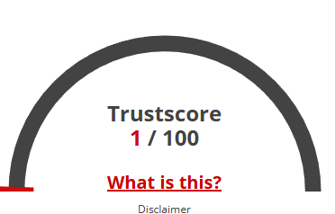 Trustscore gauge showing 1 out of 100 rating