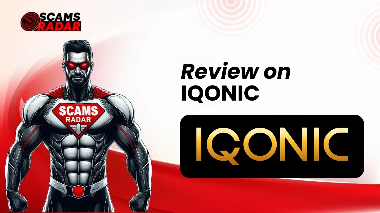 Iqonic Review by Scams Radar with superhero scam detector graphic