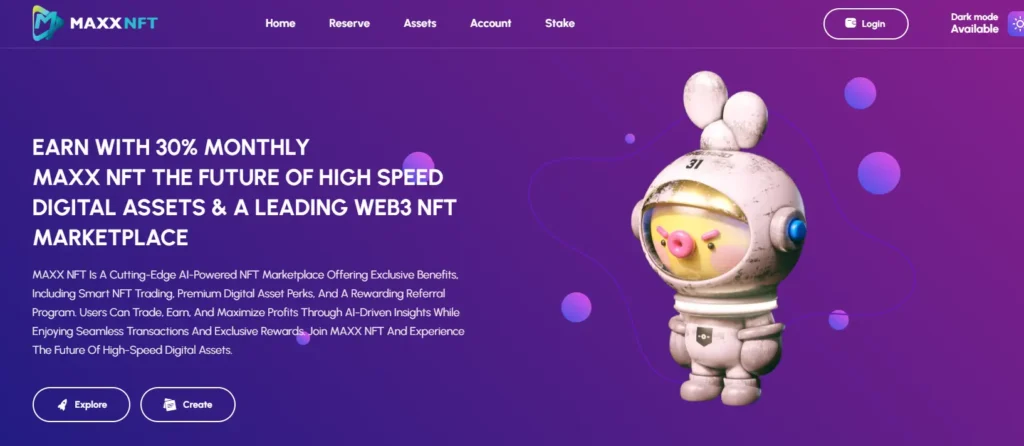 "MaxxNFT Review homepage featuring 30% monthly earn, AI-powered NFT marketplace, and astronaut robot"
