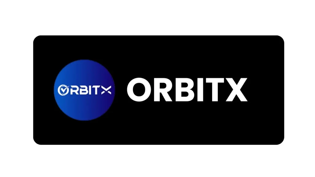 Official OrbitX Finance logo in blue and white on black background