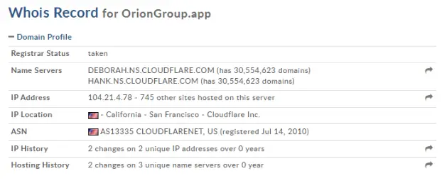 Whois Record for OrionGroup.app showing domain and IP details