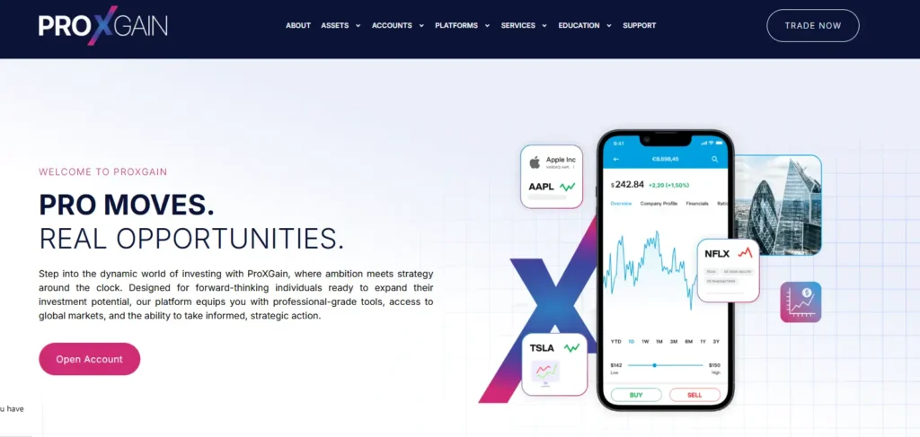 ProxGain Review - Dynamic investment platform homepage with mobile app showcasing stock charts for Apple, Netflix, and Tesla.