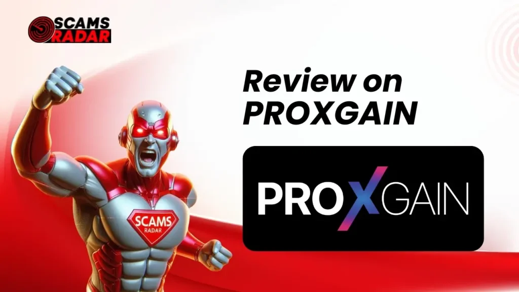 ProxGain Review - Scams Radar graphic with superhero figure and ProxGain logo on red background.