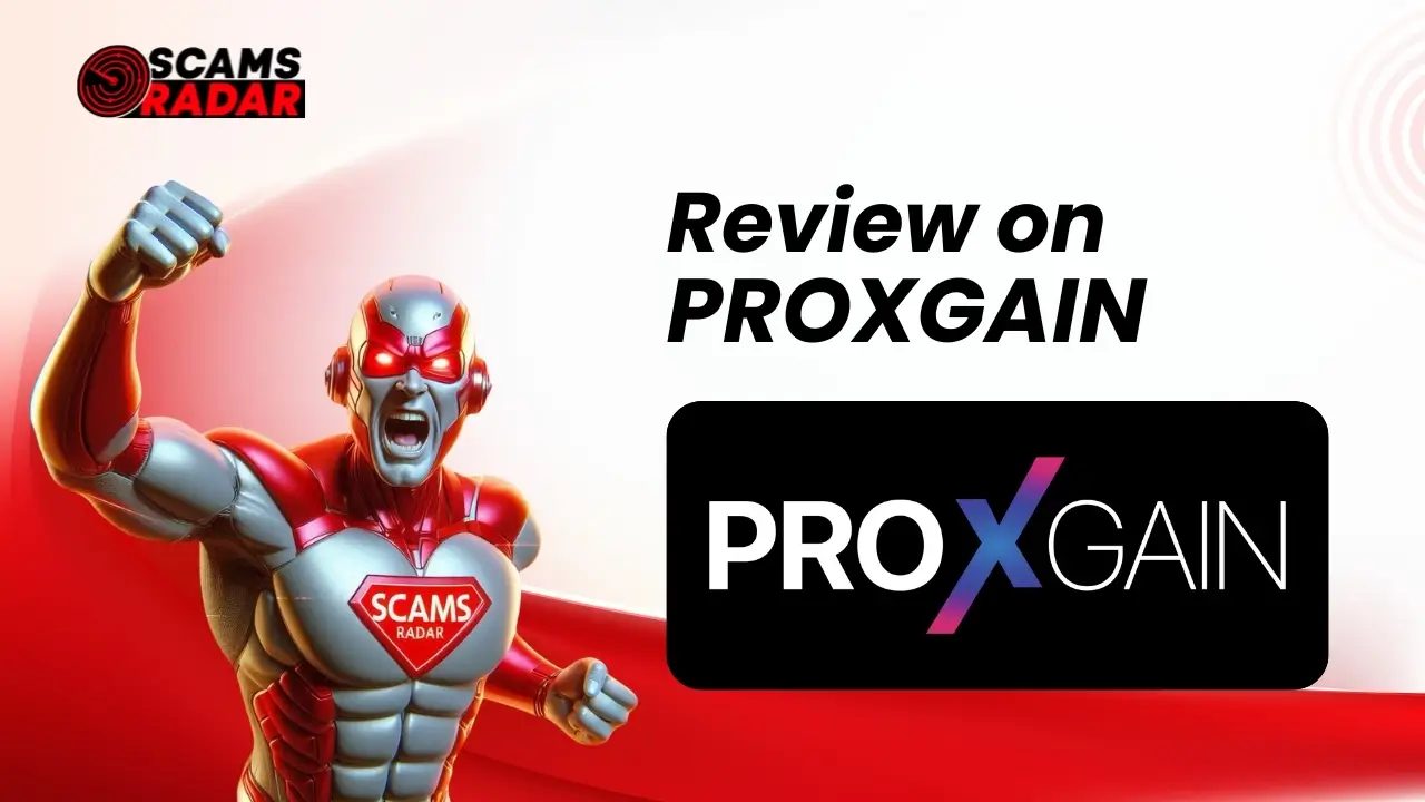 ProxGain Review - Scams Radar graphic with superhero figure and ProxGain logo on red background.