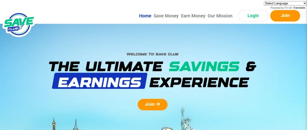 Save Club homepage promoting savings and earnings benefits – Save Club Review