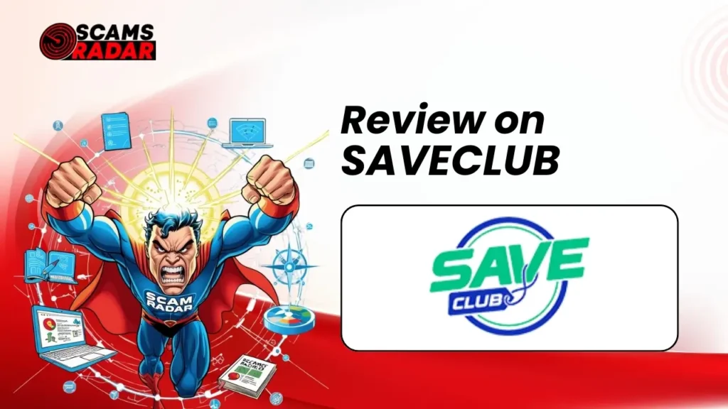 Superhero-themed illustration highlighting a Save Club Review on Scams Radar