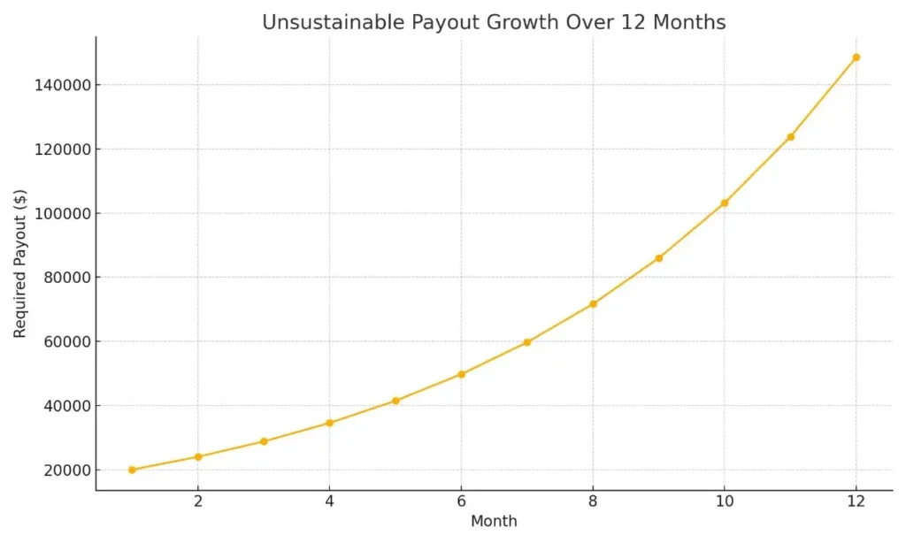 Save Club Review chart showing unsustainable payout growth over 12 months