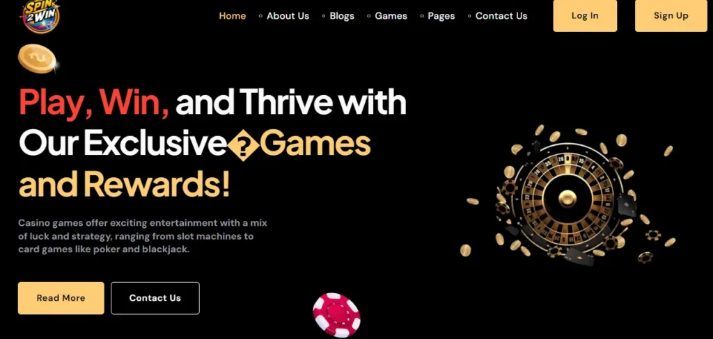 Spin2Win.ink homepage with bold reward claims and casino imagery