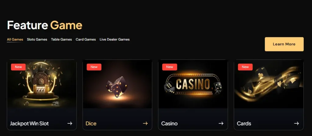Spin2Win featured games including Jackpot Slot, Dice, Casino, and Cards