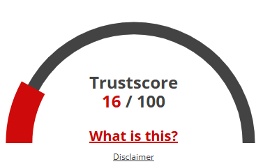 Trustscore of 16 out of 100 for Spin2Win.ink shown in a semi-gauge indicator