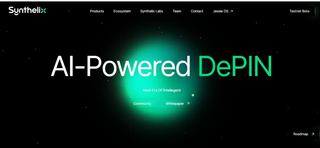 Synthelix homepage with AI-Powered DePIN tagline