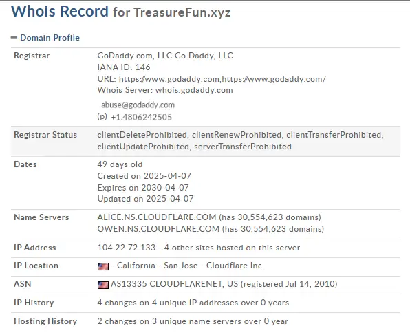 WHOIS record for TreasureFun.xyz showing domain details.