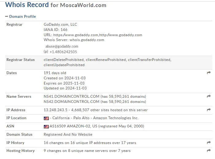 Mosca Review - Whois Record for MoscaWorld.com by GoDaddy