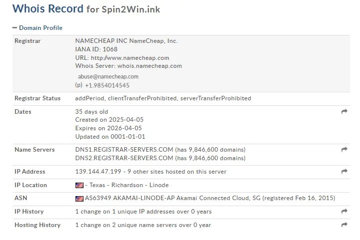 Whois lookup for Spin2Win.ink showing registration with Namecheap and IP location in Texas
