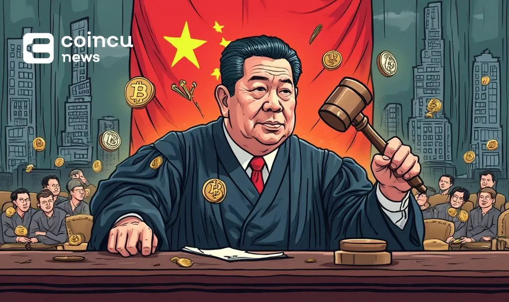 Illustration of a Chinese judge with gavel, surrounded by Bitcoin and crypto coins, symbolizing crypto regulation