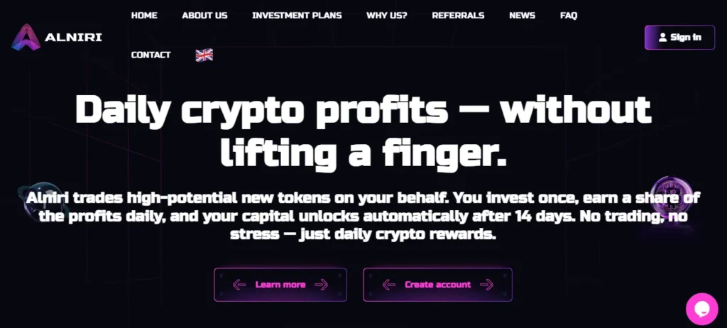 Alniri Homepage Crypto Profits Claim