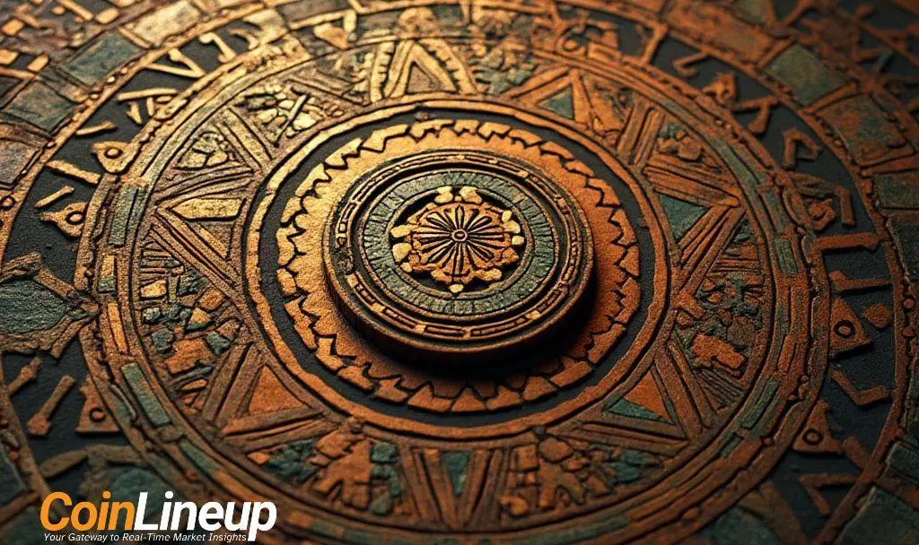 High-resolution image showcasing an ancient Aztec calendar with intricate carvings, geometric patterns, and symbols. The design features gold and green hues, emphasizing the cultural and historical significance of the Aztec civilization.