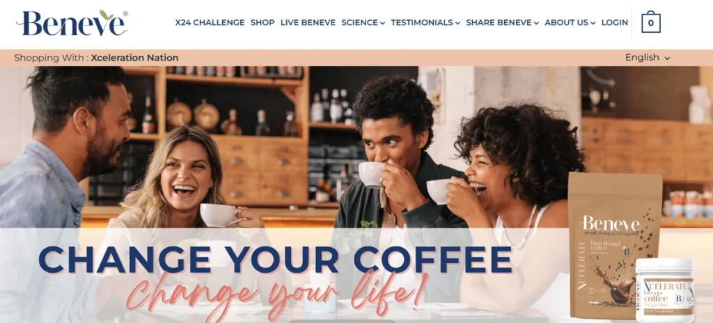 Group enjoying Beneve coffee – promotional banner claiming life-changing benefits