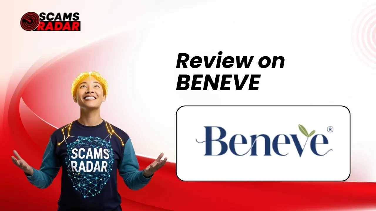 Person wearing Scams Radar shirt with Beneve review banner – exposing possible scam