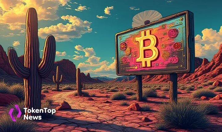 Title: Bitcoin Billboard in Desert Landscape – TokenTop News