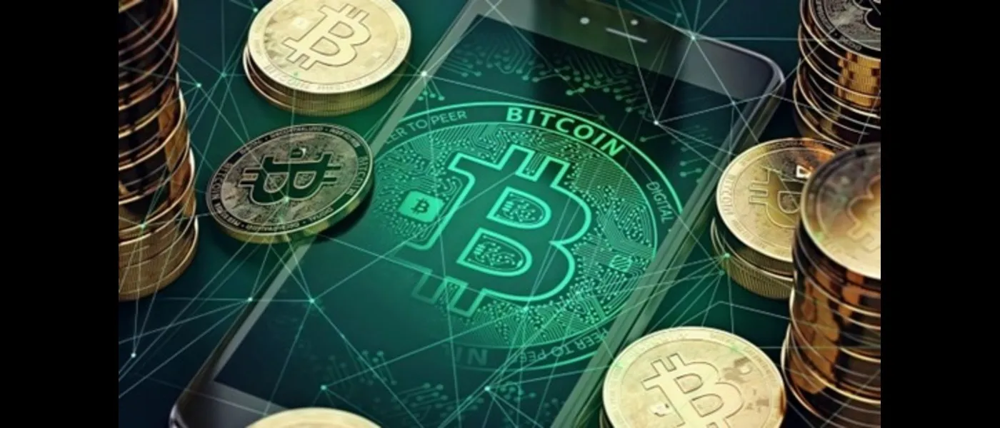 Digital representation of Bitcoin coins and blockchain network over a smartphone interface