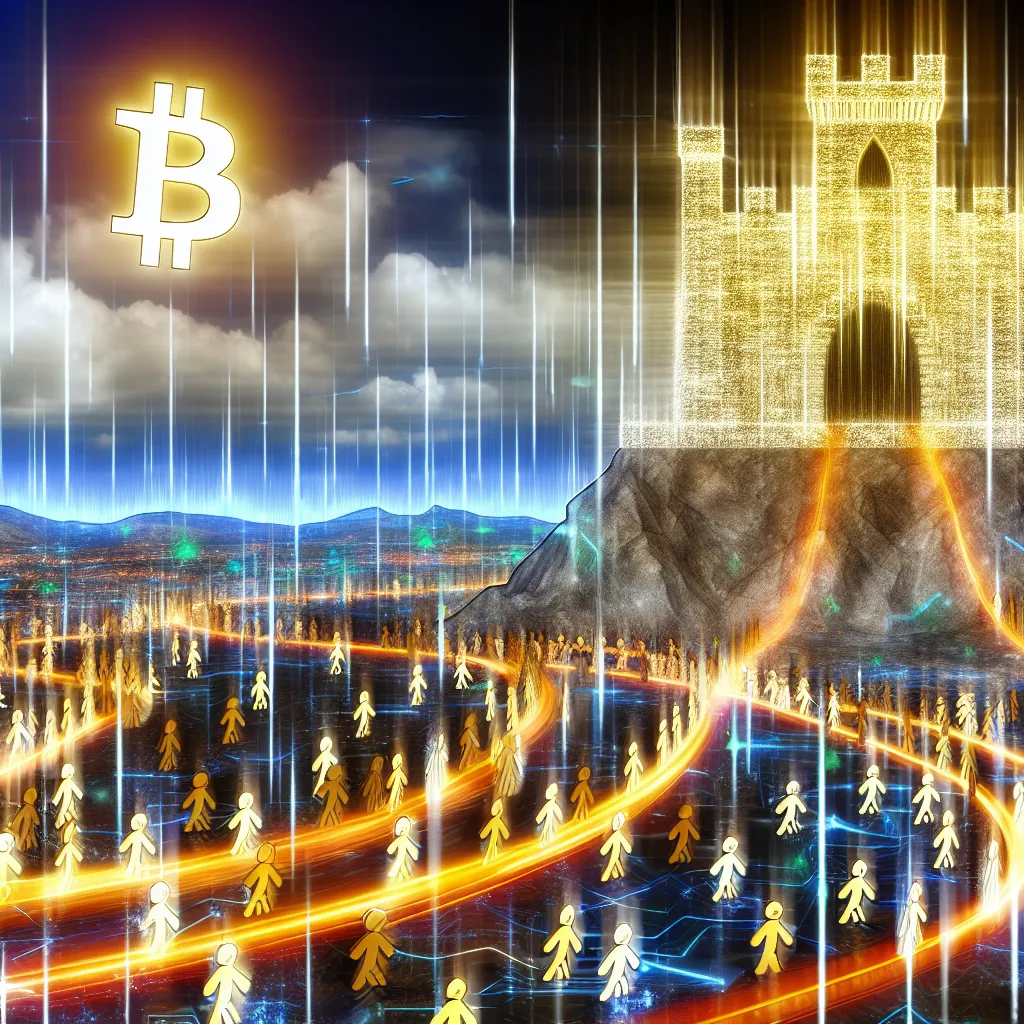Crowds flowing into a glowing Bitcoin fortress under a Bitcoin sun, symbolizing ETF movement and crypto market shift