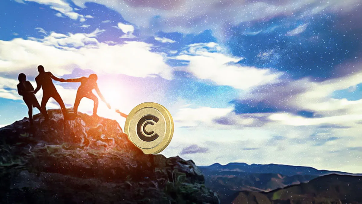 Group of people pulling CAKE coin upward on a mountain, symbolizing its value surge